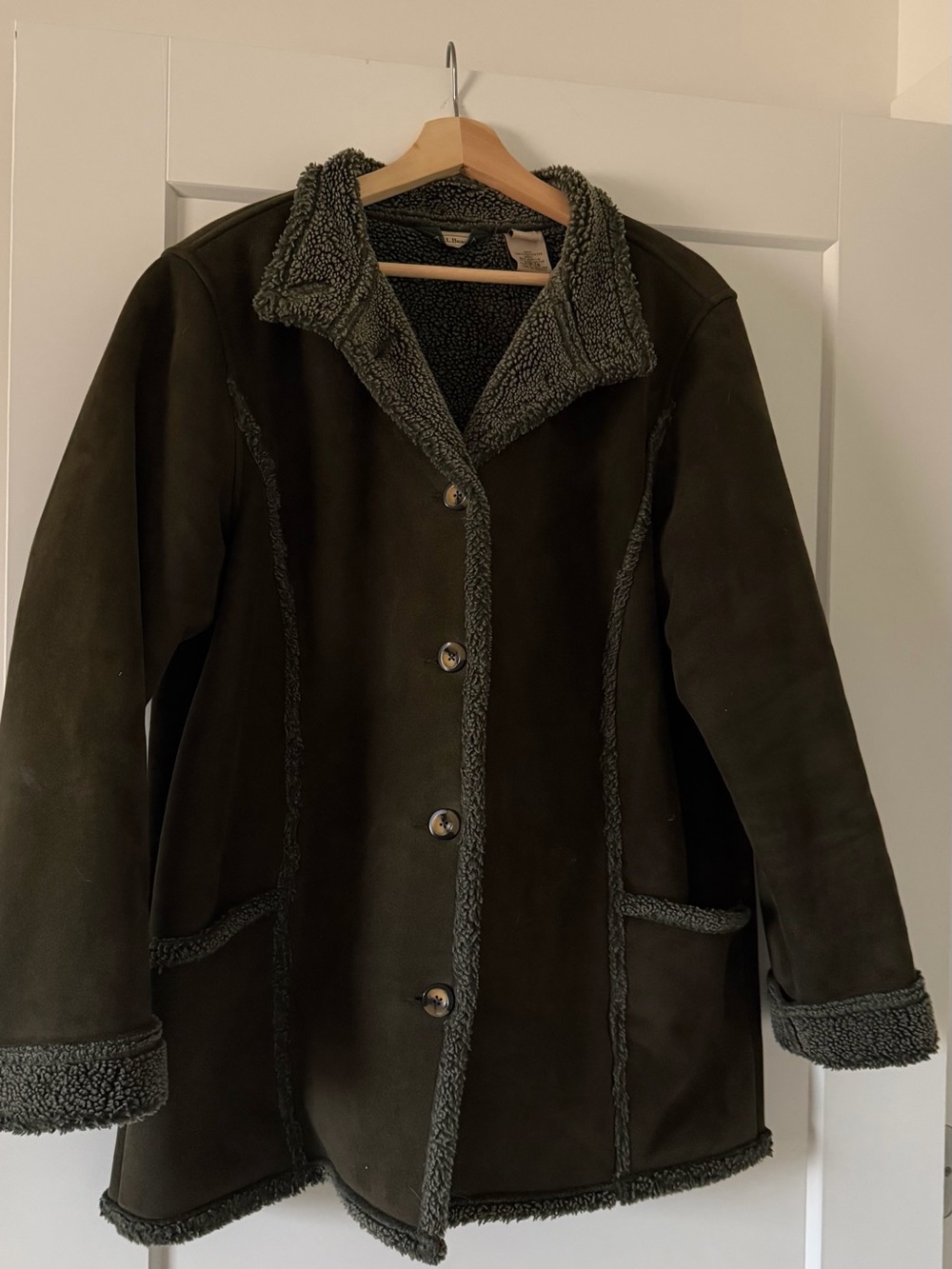 L.L. Bean Olive Green Teddy-Trim Shearling Jacket